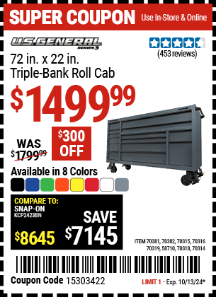 U.S. GENERAL: 72 in. x 22 in. Triple-Bank Roll Cab, Series 3, Slate Gray