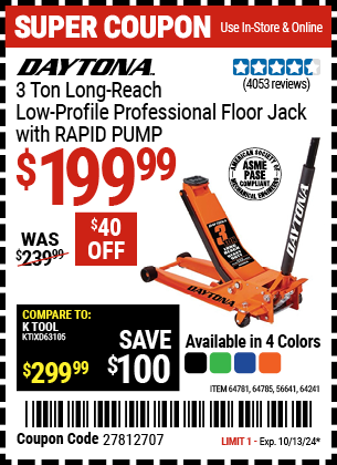 DAYTONA: 3 Ton Long-Reach Low-Profile Professional Floor Jack with RAPID PUMP