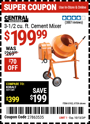 CENTRAL MACHINERY: 3-1/2 Cubic Ft. Cement Mixer