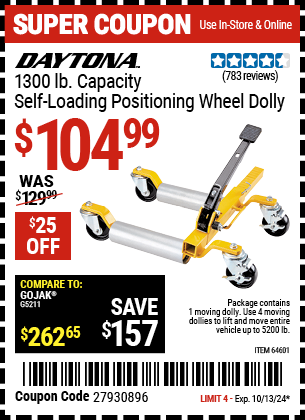 DAYTONA: 1300 lb. Capacity Self-Loading Positioning Wheel Dolly