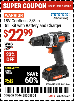 WARRIOR: 18V Cordless 3/8 in. Drill Kit with Battery and Charger