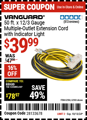 VANGUARD: 50 ft. x 12/3 Gauge Multiple Outlet Extension Cord with Indicator Light, Yellow, Black