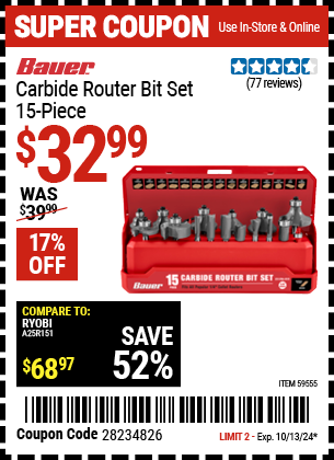 BAUER: Carbide Router Bit Set, 15-Piece