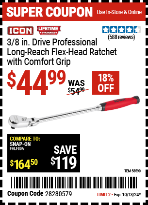 ICON: 3/8 in. Drive Professional Long-Reach Flex-Head Ratchet with Comfort Grip