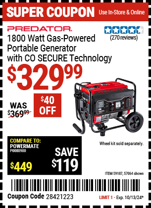 PREDATOR: 1800 Watt Gas-Powered Portable Generator with CO SECURE Technology, EPA