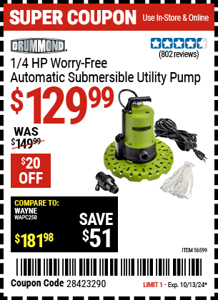 DRUMMOND: 1/4 HP Worry-Free Automatic Submersible Utility Pump