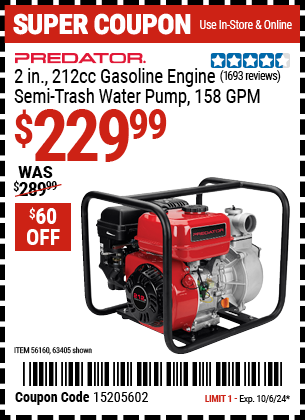 PREDATOR: 2 in. 212cc Gasoline Engine Semi-Trash Water Pump - 158 GPM