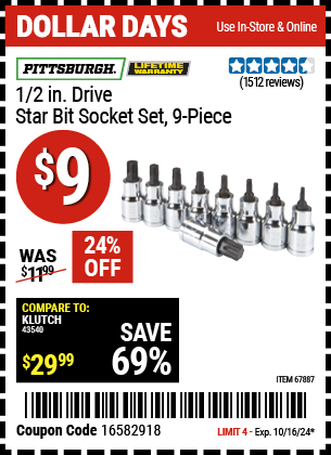 PITTSBURGH: 1/2 in. Drive Star Bit Socket Set, 9 Piece