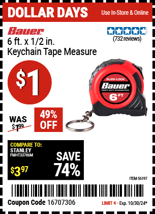 BAUER: 6 ft. x 1/2 in. Keychain Tape Measure