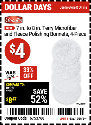 GRANT'S: 7 in. to 8 in. Terry Microfiber and Fleece Polishing Bonnets, 4-Piece