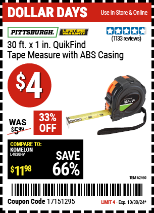 PITTSBURGH: 30 ft. x 1 in. QuikFind Tape Measure with ABS Casing