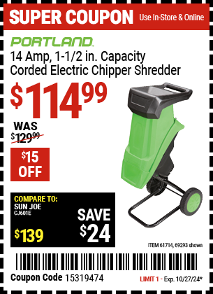 PORTLAND: 14 Amp 1-1/2 in. Capacity Corded Electric Chipper Shredder