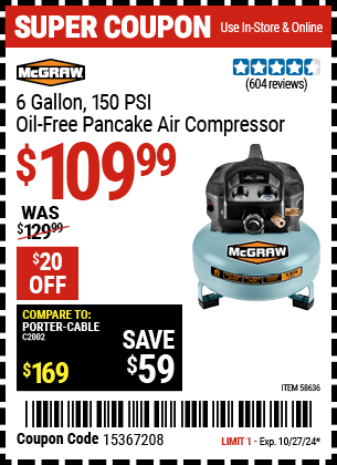 MCGRAW: 6 Gallon, 150 PSI Oil-Free Pancake Jobsite Air Compressor