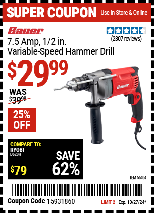 BAUER: 7.5 Amp 1/2 in. Variable-Speed Hammer Drill