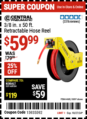 CENTRAL PNEUMATIC: 3/8 in. x 50 Ft. Retractable Hose Reel