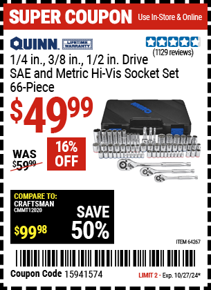 QUINN: 1/4 in., 3/8 in., 1/2 in. Drive SAE and Metric Hi-Vis Socket Set, 66-Piece