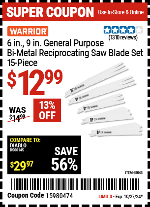 WARRIOR: 6 in., 9 in. General Purpose Bi-metal Reciprocating Saw Blade Set, 15 Piece