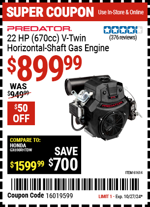 PREDATOR: 22 HP (670cc) V-Twin Horizontal Shaft Gas Engine, EPA