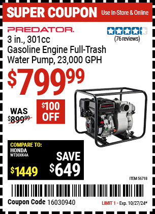 PREDATOR: 3 in. 301cc Gasoline Engine Full-Trash Water Pump - 23,000 GPH