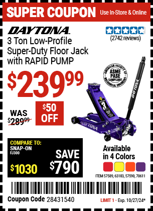 DAYTONA: 3 Ton Low-Profile Superduty Floor Jack with RAPID PUMP, Metallic Purple