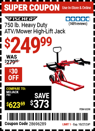 FISCHER: 750 lb. Heavy Duty ATV/Mower High Lift Jack