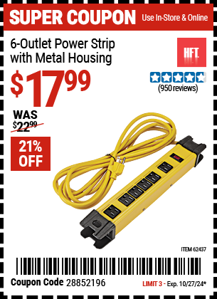 HFT: 6-Outlet Power Strip with Metal Housing, Yellow