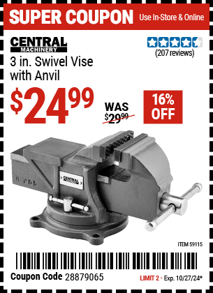 CENTRAL MACHINERY: 3 in. Swivel Vise with Anvil