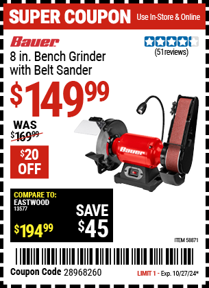 BAUER: 8 in. Bench Grinder with Belt Sander