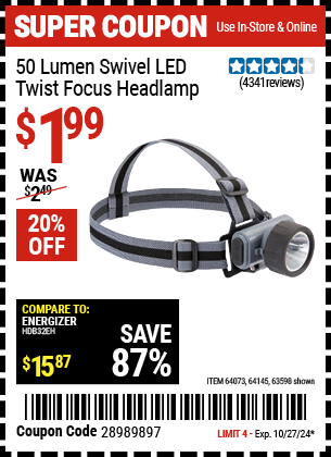 HFT: 50 Lumen Swivel LED Twist Focus Headlamp