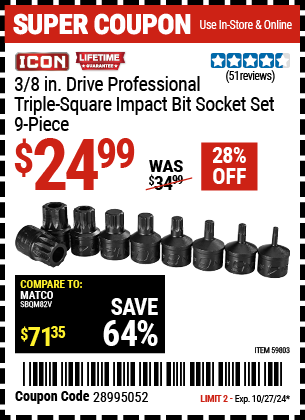 ICON: 3/8 in. Drive Professional Triple-Square Impact Bit Socket Set, 9-Piece