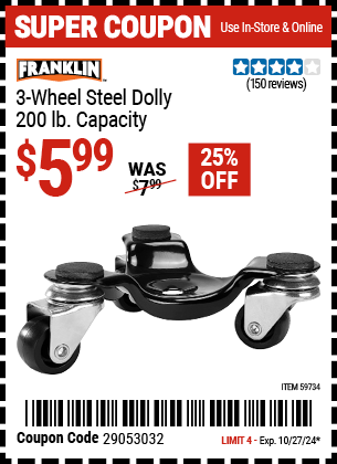 FRANKLIN: 3-Wheel Steel Dolly, 200 lb. Capacity