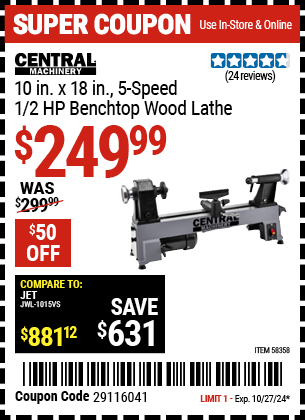 CENTRAL MACHINERY: 10 in. x 18 in., 5-Speed, 1/2 HP Benchtop Wood Lathe