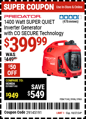 PREDATOR: 1400 Watt SUPER QUIET Inverter Generator with CO SECURE Technology