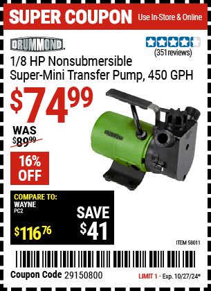 DRUMMOND: 1/8 HP Non-Submersible Super Mini Transfer Pump, 450 GPH