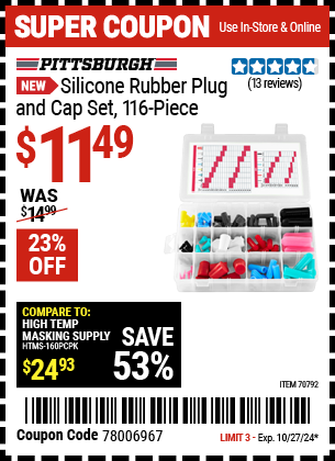 PITTSBURGH: Silicone Rubber Plug and Cap Set, 116-Piece