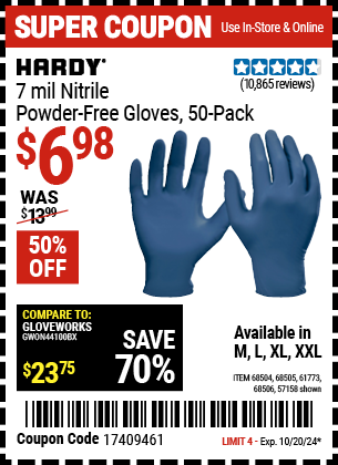 HARDY: 7 mil Nitrile Powder-Free Gloves, 50 Pack, X-Large