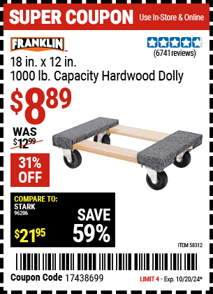 FRANKLIN: 18 in. x 12 in. 1000 lb. Capacity Hardwood Dolly