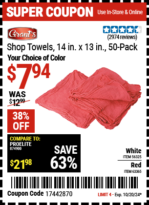 GRANT'S: Mechanics Shop Towels 14 in. x 13 in., 50-Pack