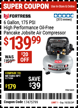 FORTRESS: 6 Gallon, 175 PSI High Performance Oil-Free Pancake Jobsite Air Compressor