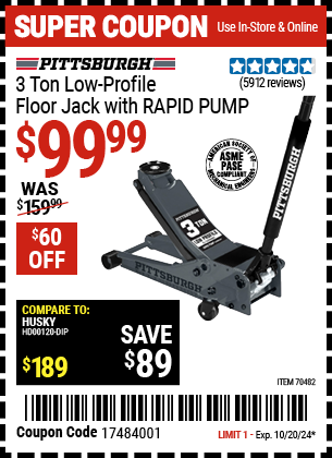 PITTSBURGH: 3 Ton Low-Profile Floor Jack with RAPID PUMP, Slate gray