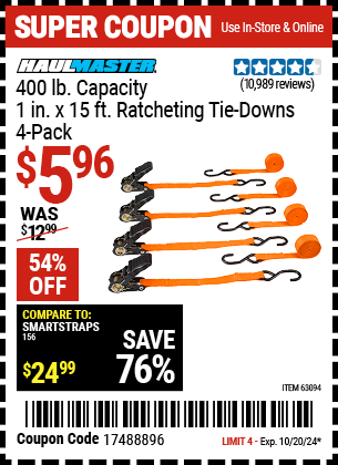 HAUL-MASTER: 400 lb. Capacity, 1 in. x 15 ft. Ratcheting Tie Downs, 4-Pack