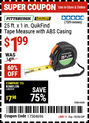 PITTSBURGH: 25 ft. x 1 in. QuikFind Tape Measure with ABS Casing