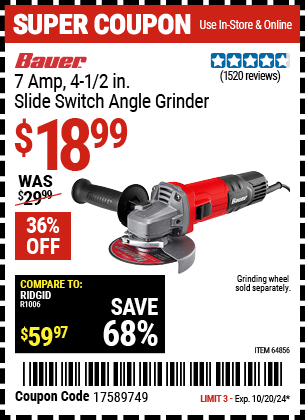 BAUER: 7 Amp 4-1/2 in. Slide Switch Angle Grinder