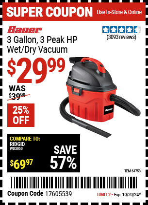 BAUER 3 Gallon, 3 Peak HP Wet/Dry Vacuum