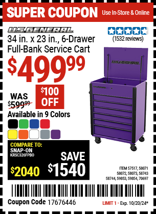 U.S. GENERAL: 34 in. , 6-Drawer Full-Bank Service Cart