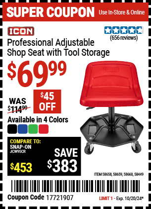 ICON: Professional Adjustable Shop Seat with Tool Storage