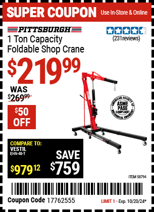 PITTSBURGH: 1 Ton Capacity Foldable Shop Crane