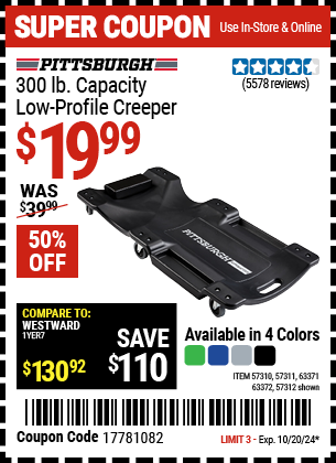 PITTSBURGH AUTOMOTIVE: 300 lb. Capacity Low-Profile Creeper, Black