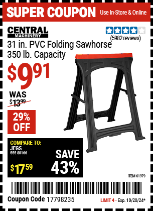 CENTRAL MACHINERY: 31 in. PVC Folding Sawhorse, 350 lb. Capacity