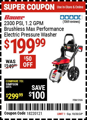 BAUER: 2300 PSI, 1.2 GPM Brushless Max Performance Electric Pressure Washer